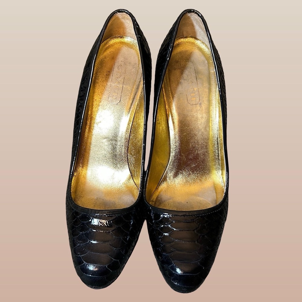 Coach‎ Stella Pumps Womens 9B Black Snakeskin Embossed Gold Interior Italy